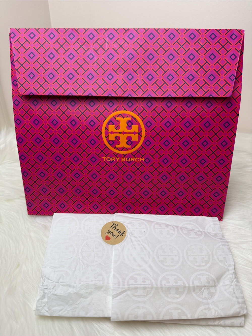 Tory Burch Hot Pink and Purple Geometric Gift Bag & Logo Tissue Paper 12x10.5x5